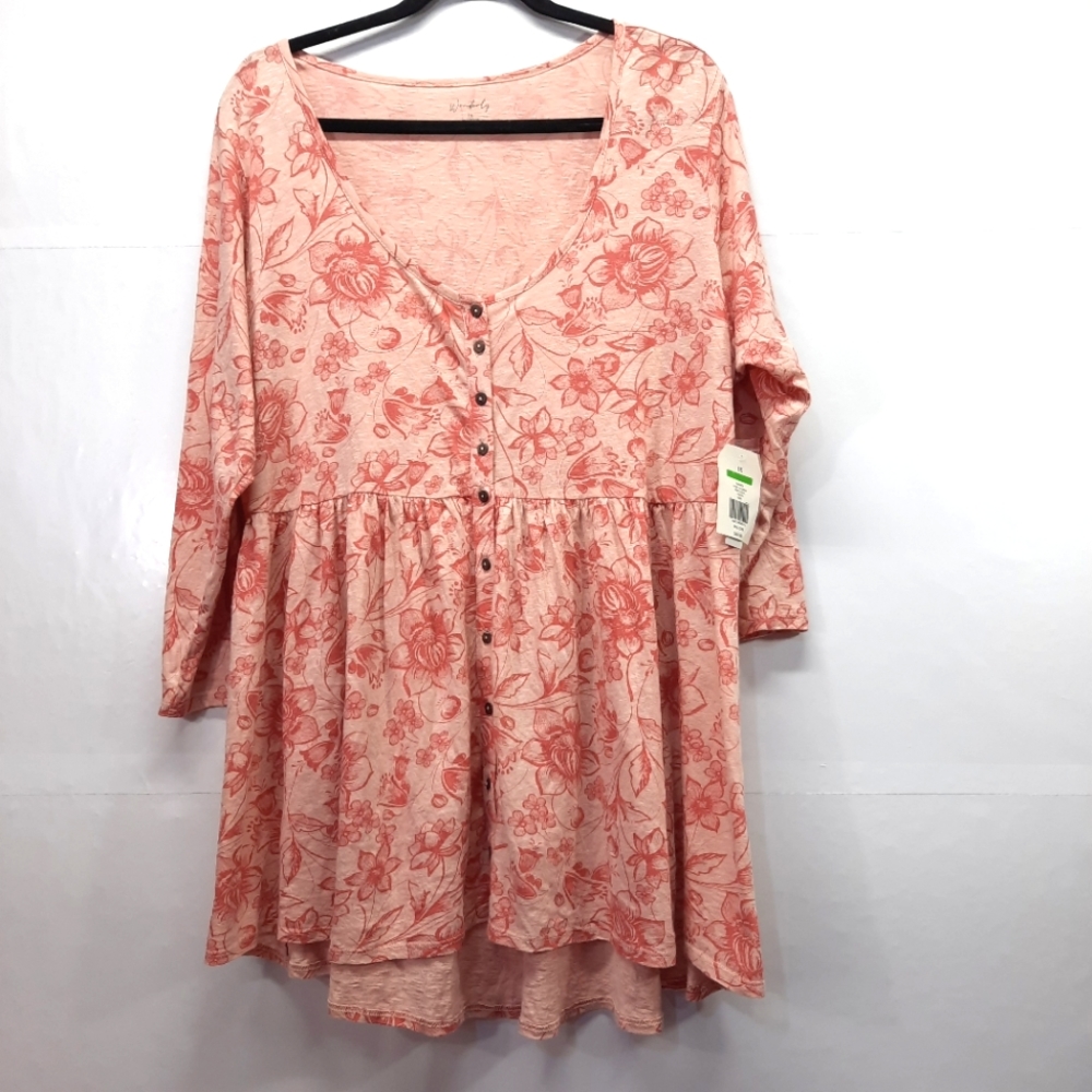 Wonderly Pink Floral Women's Tunic Top 3/4 Sleeves Wooden Button Plus Size 1X